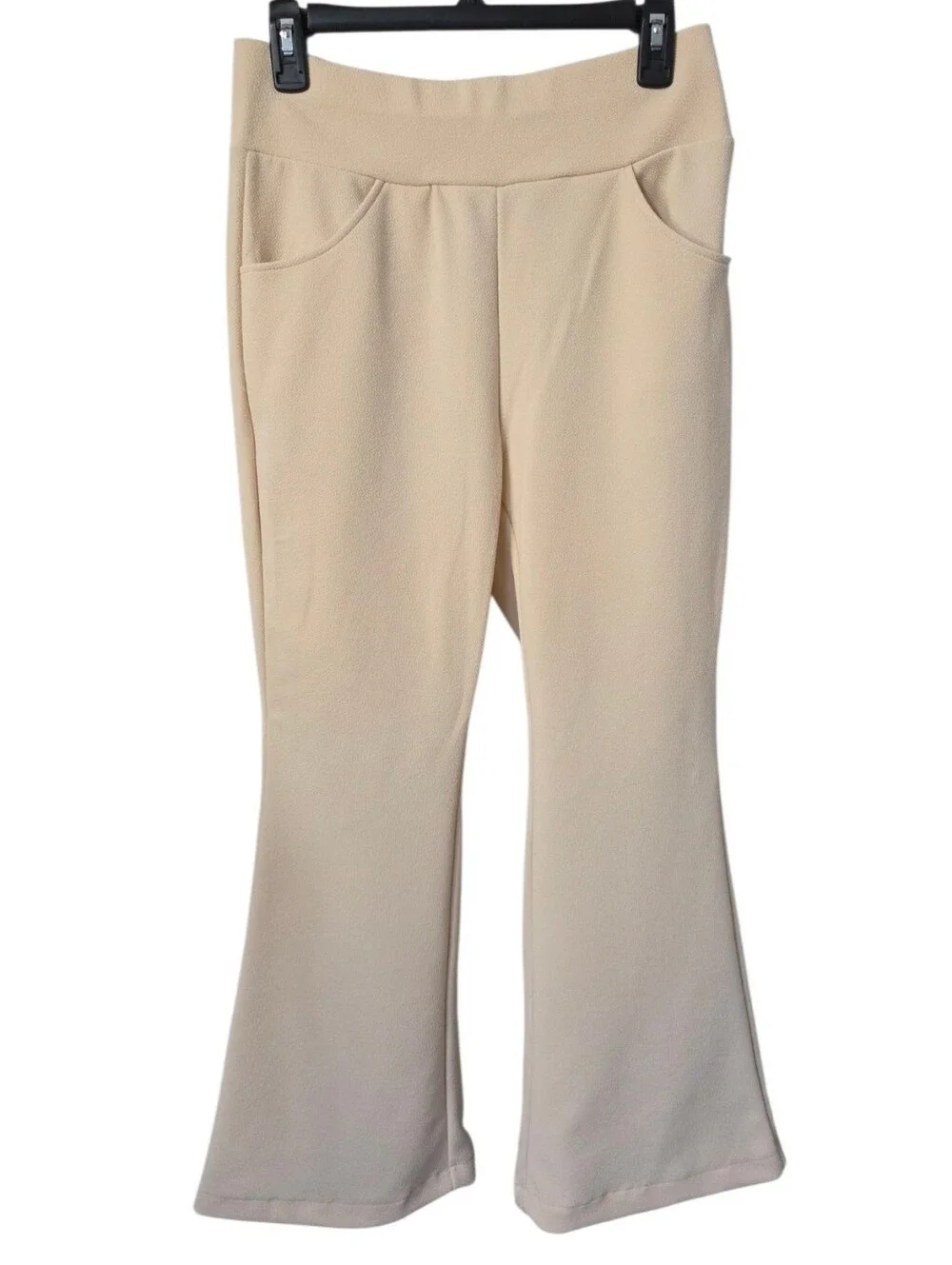 Cream Pull-On Flare Pants Textured Stretch Knit Wide Waistband Large